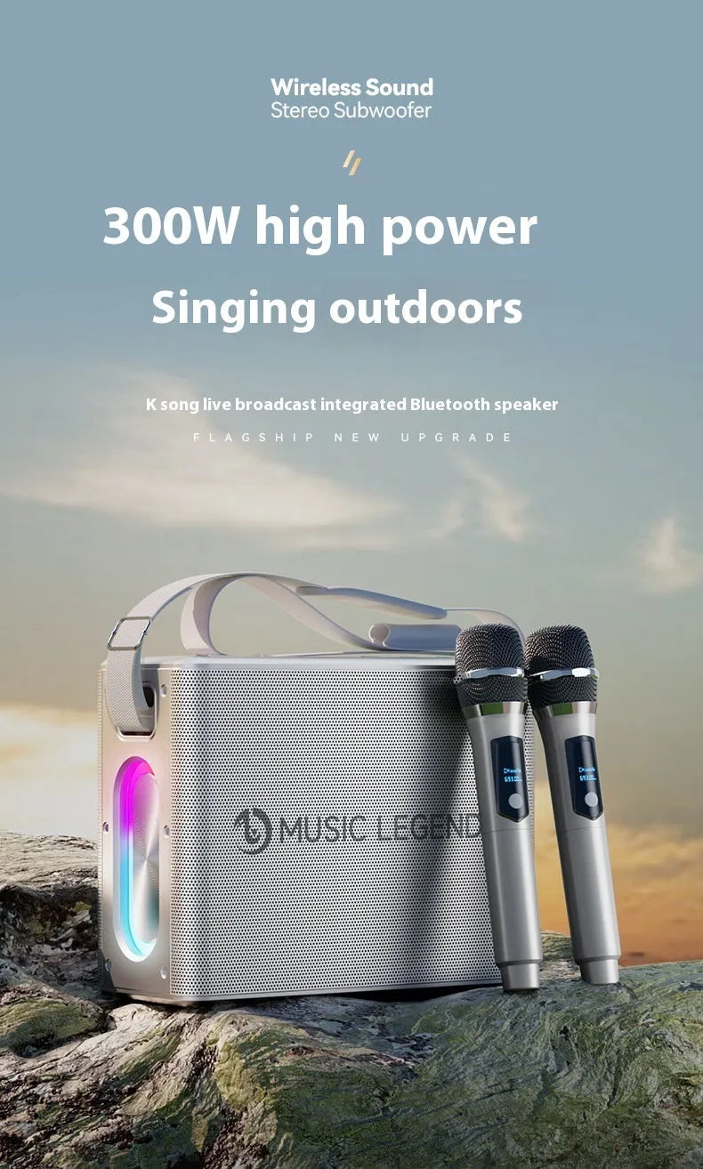 100W outdoor karaoke Bluetooth audio system with microphone, sound card, and lithium battery in black or silver