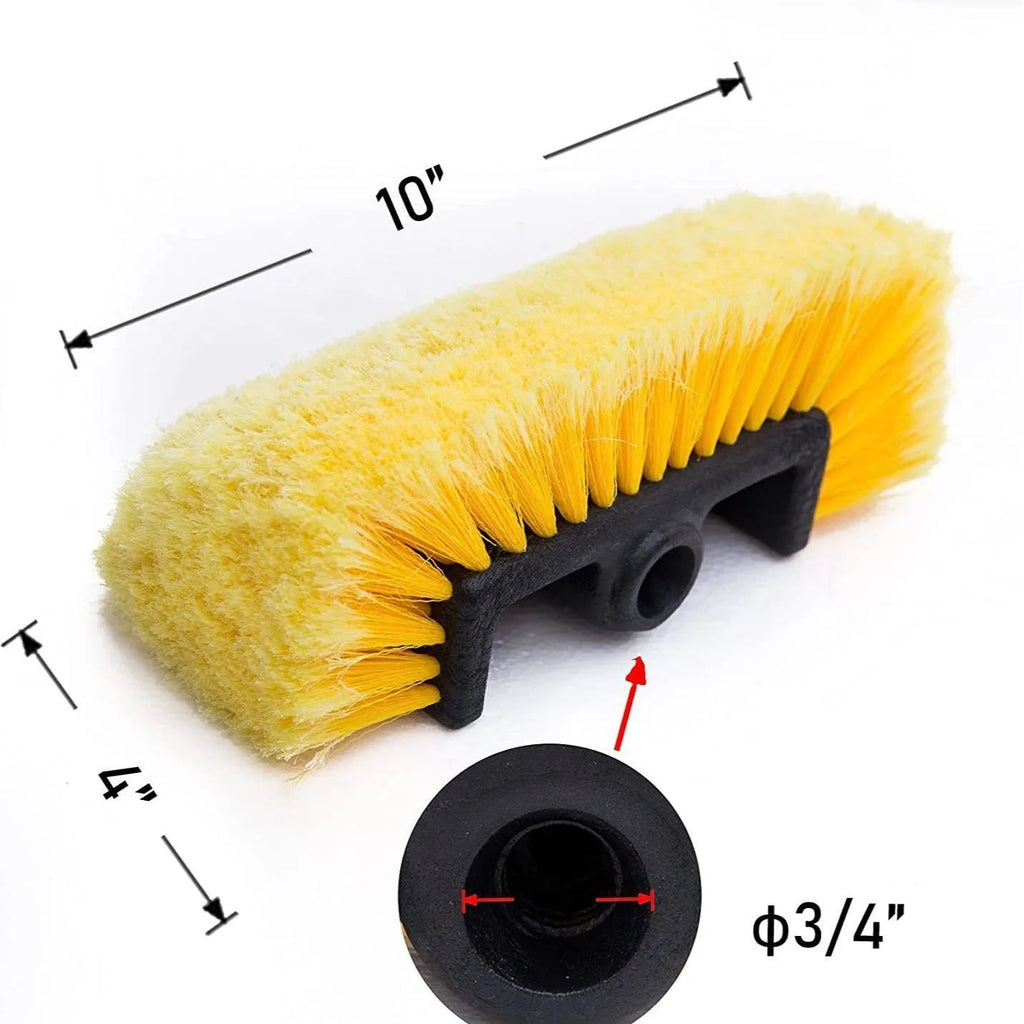 Yellow car wash brush with four-section removable rod and flow-through brush head for portable vehicle cleaning