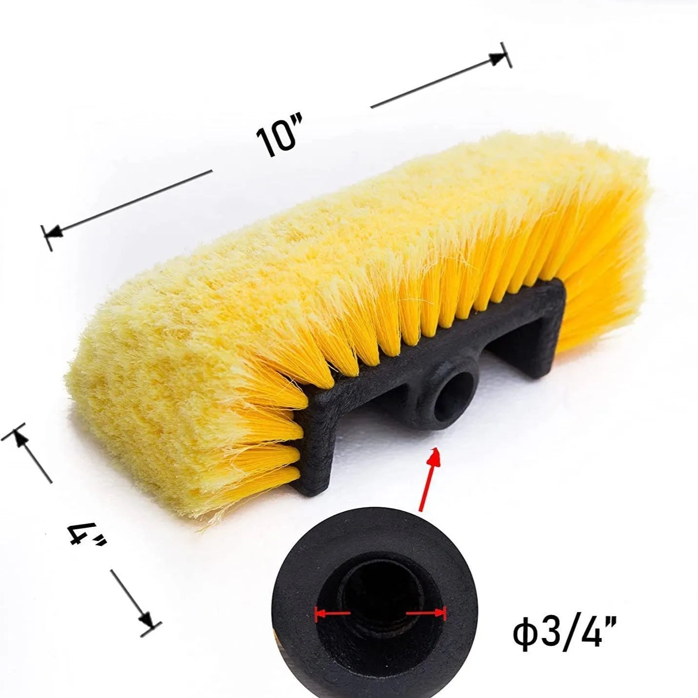 Yellow car wash brush with four-section removable rod and flow-through brush head for portable vehicle cleaning