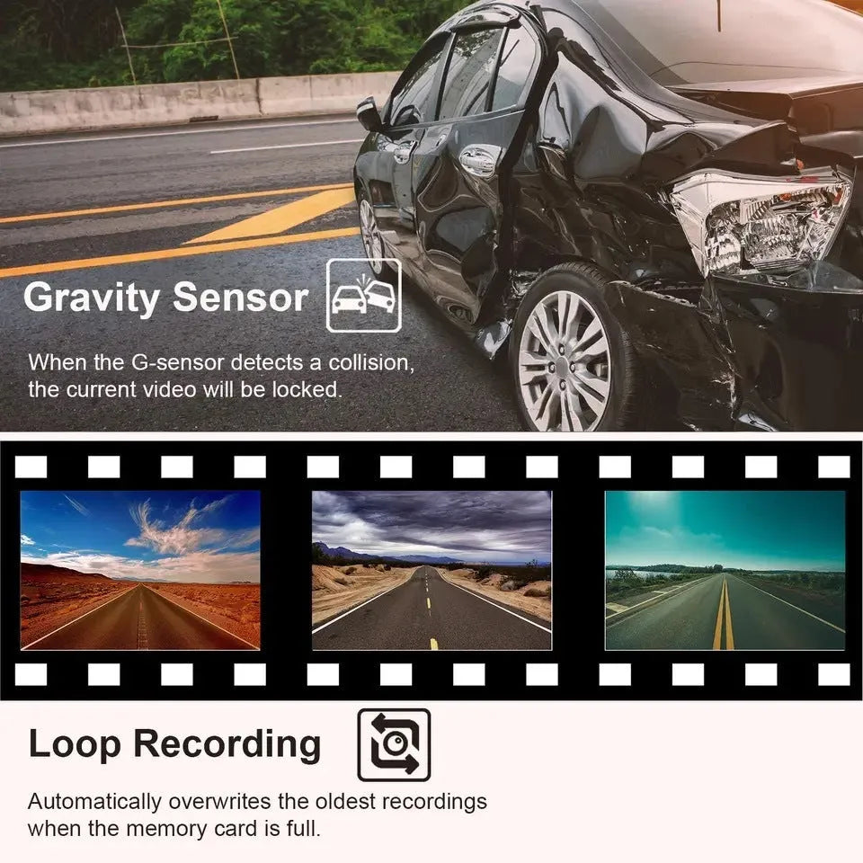 Black G50 dashboard camera with 3-inch screen mounted on car windshield showing wide road view