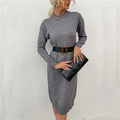 Women's grey crew neck acrylic sweater with long sleeves, shown in a pullover style.