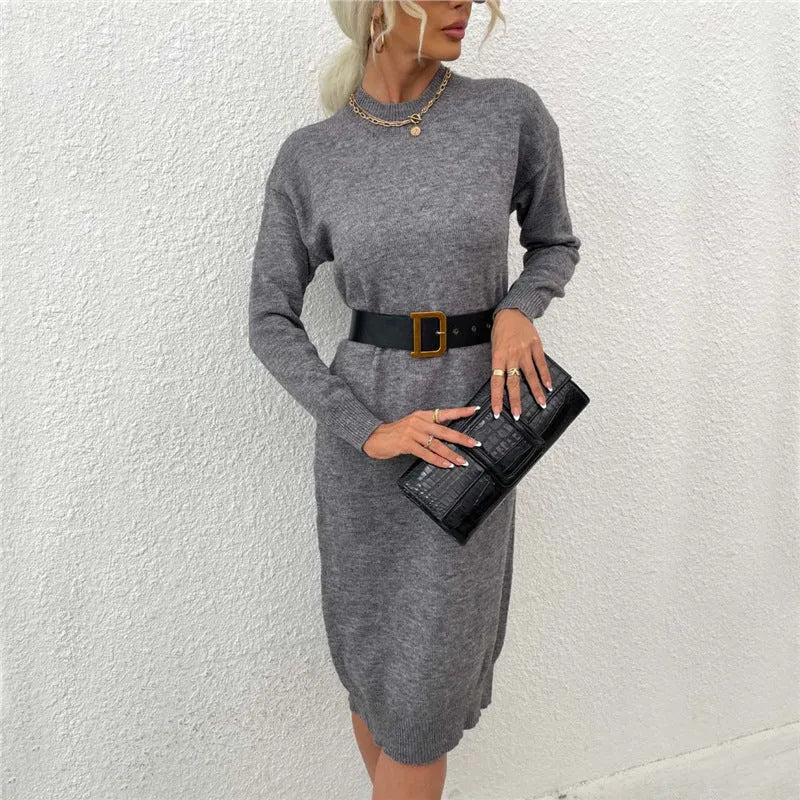 Women's grey crew neck acrylic sweater with long sleeves, shown in a pullover style.