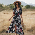 Women's floral print summer dress with V-neck, short sleeves, elastic high waist, and large hemline midi skirt