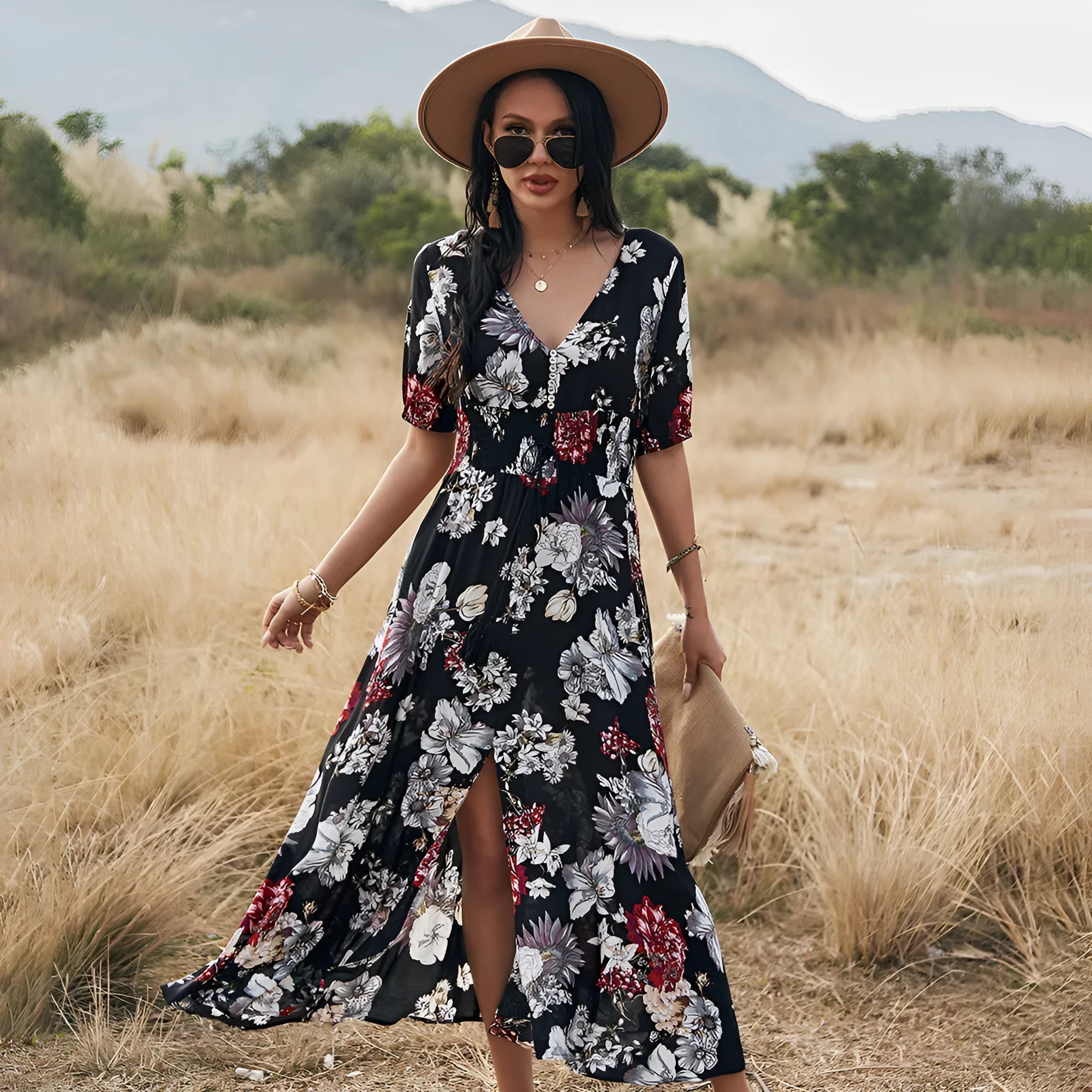 Women's floral print summer dress with V-neck, short sleeves, elastic high waist, and large hemline midi skirt