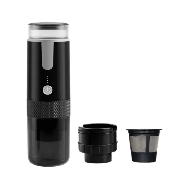Black portable coffee machine with K-cup slot and removable water tank, dimensions 20cm x 15cm x 10cm