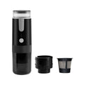 Black portable coffee machine with K-cup slot and removable water tank, dimensions 20cm x 15cm x 10cm
