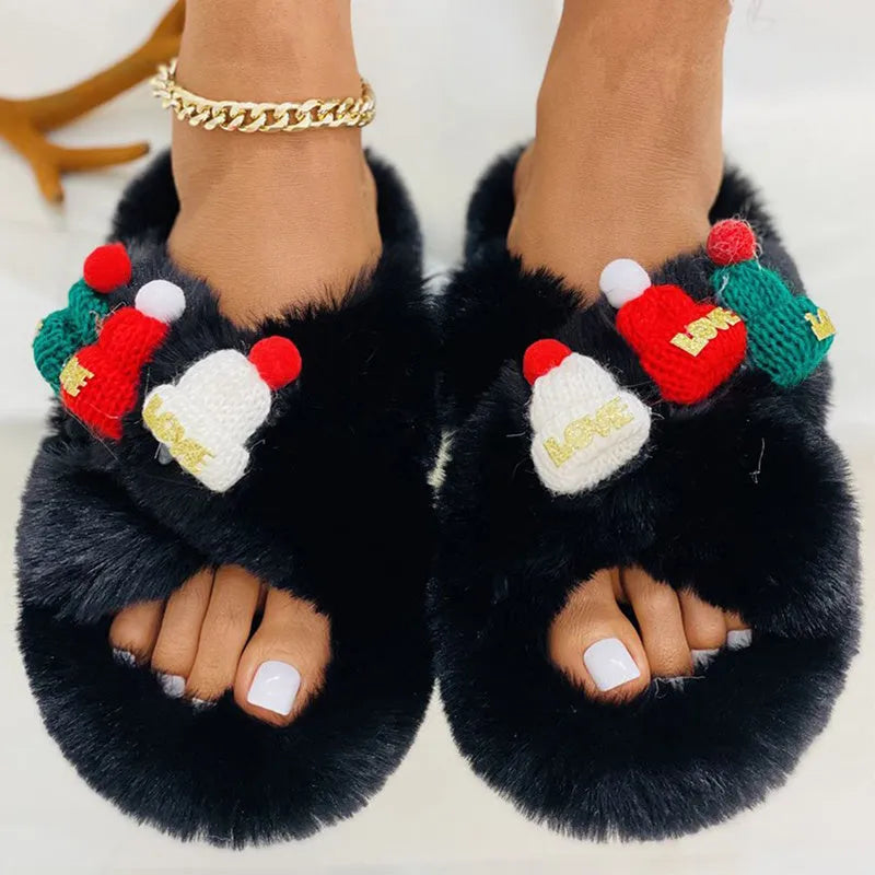 Women's slippers with hairy faux plush upper, cotton lining, and rubber sole in black colour, size 38