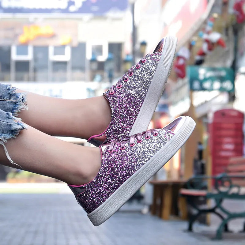 Women's colourful sequin casual shoes in black, gold, or pink with round toe and lace-up design