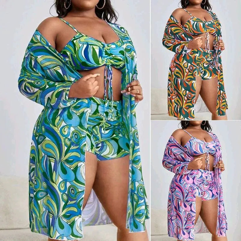 Women's floral print swimsuit bikini three-piece set with matching cardigan in larger sizes