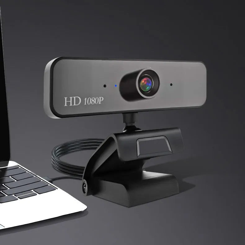 Black 1080P HD USB video camera with built-in microphone and manual focusing, 1920x1080 resolution