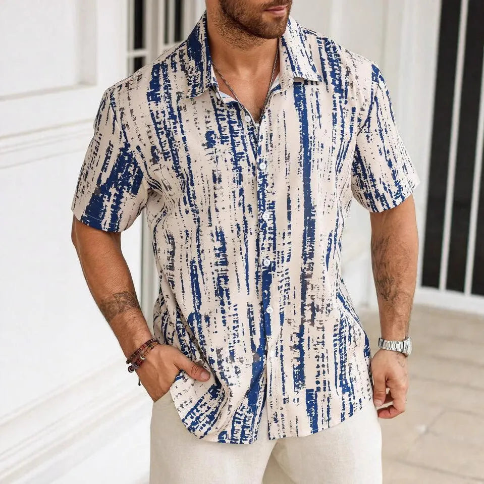 Men's striped short sleeve shirt with 3D digital printing in apricot colour showing anti-wrinkle polyester fabric