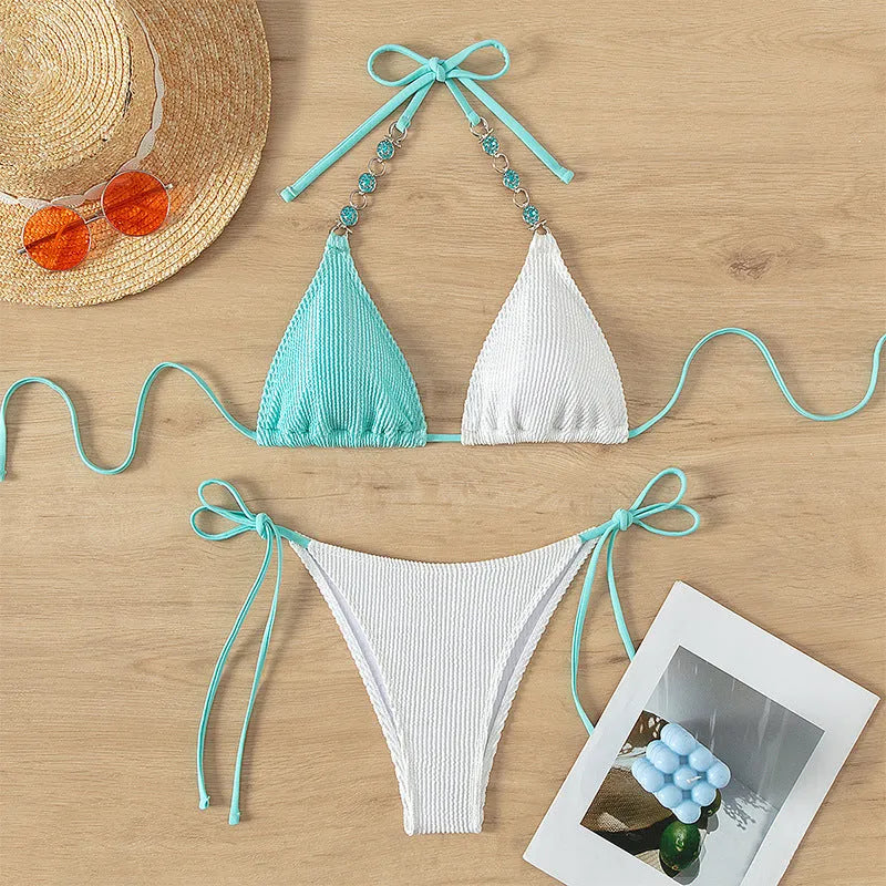 Women's colour matching swimsuit set with lace-up front and pearl chain decoration on sleeveless top
