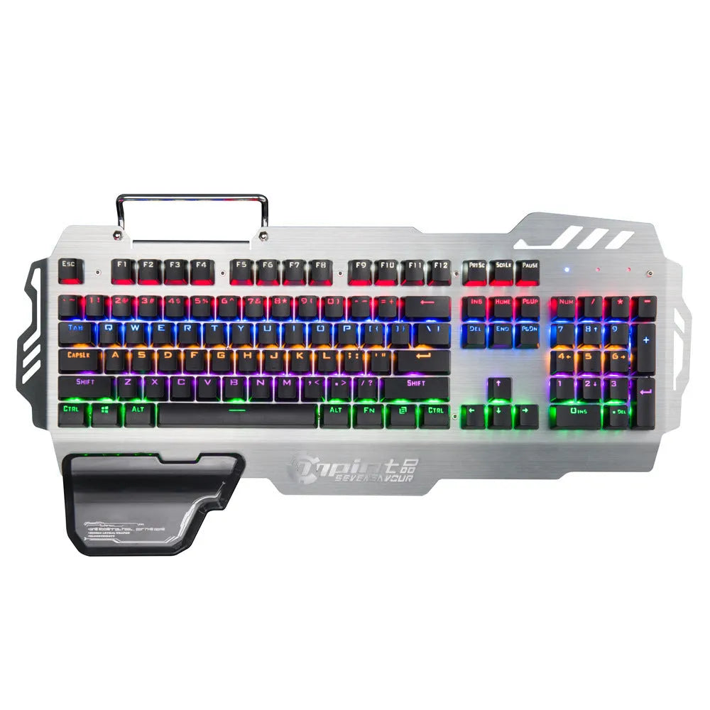 Silver metal gaming keyboard with green axis mechanical switches and integrated wrist splint