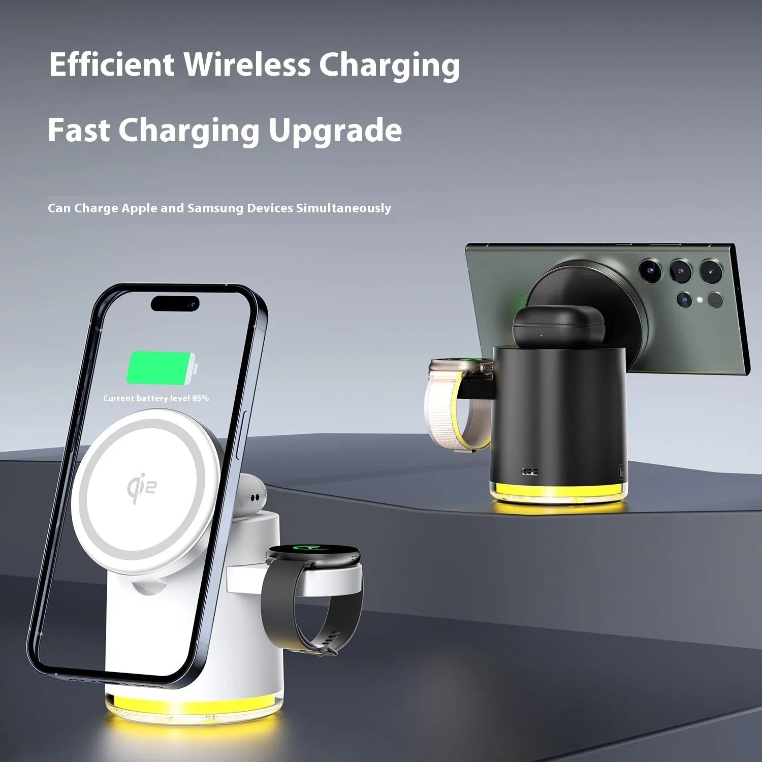 C16 portable magnetic three-in-one wireless folding charger in black showing iPhone, Apple Watch and AirPods charging simultaneously