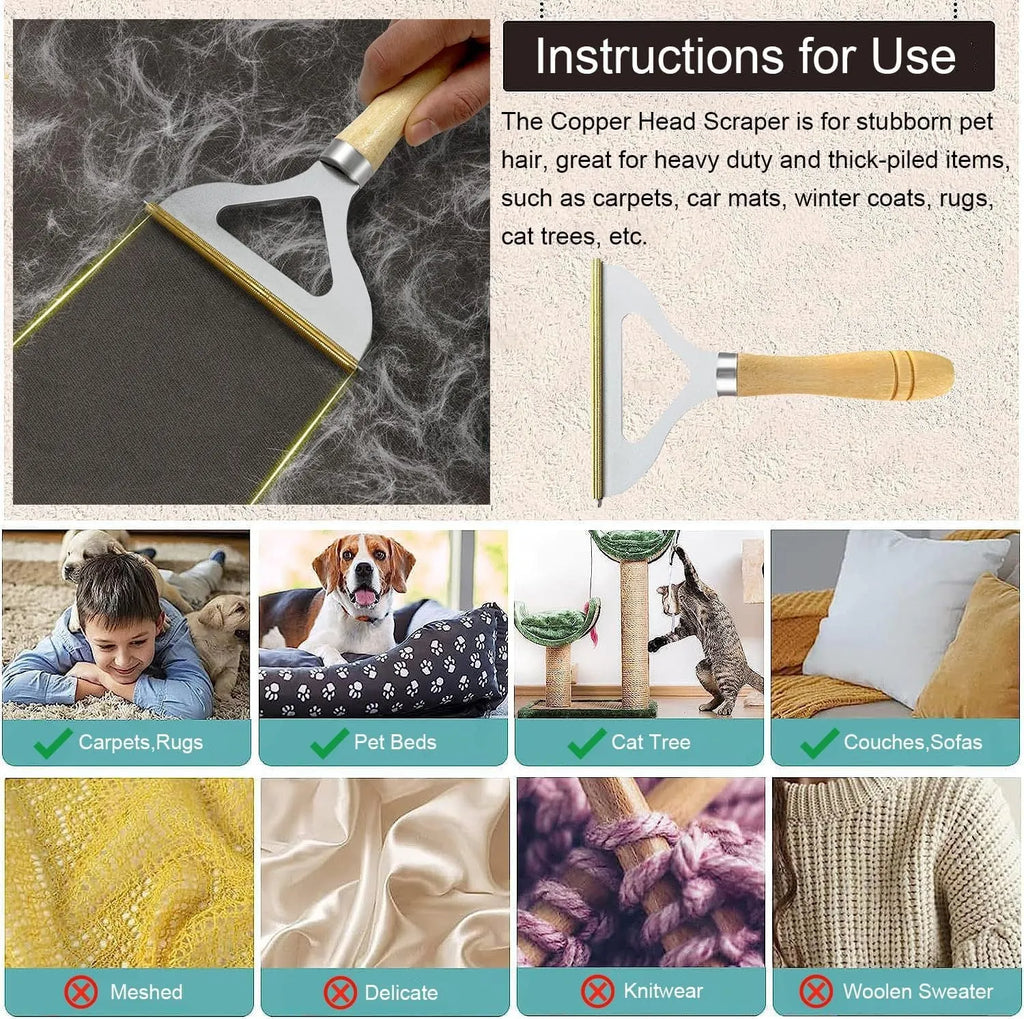 Three pet hair removal tools: metal lint remover, silicone brush and round cleaner with beech wood handle