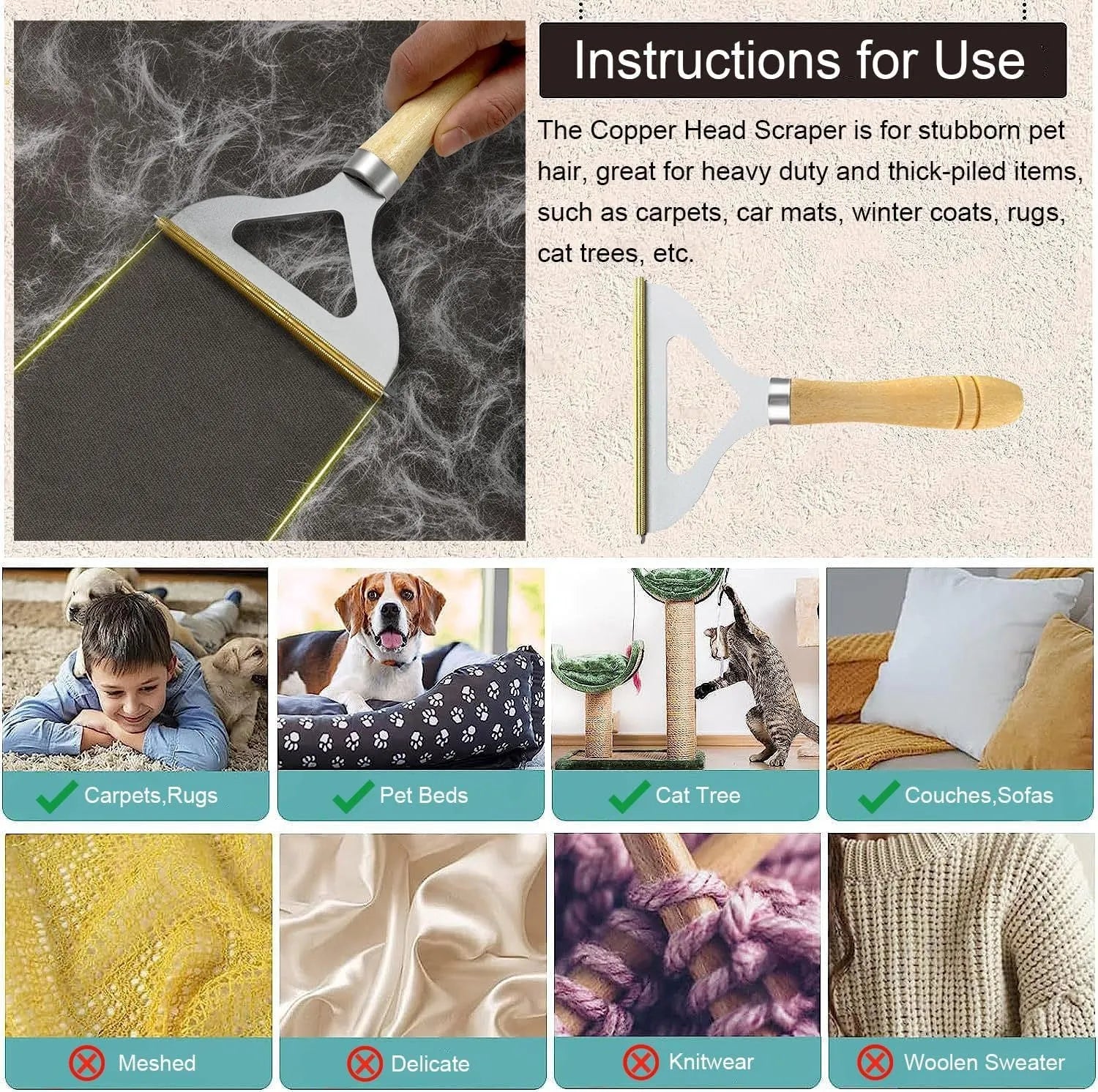 Three pet hair removal tools: metal lint remover, silicone brush and round cleaner with beech wood handle