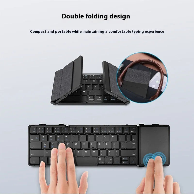 Black folding Bluetooth keyboard for tablets showing touchpad variant with compact folded dimensions