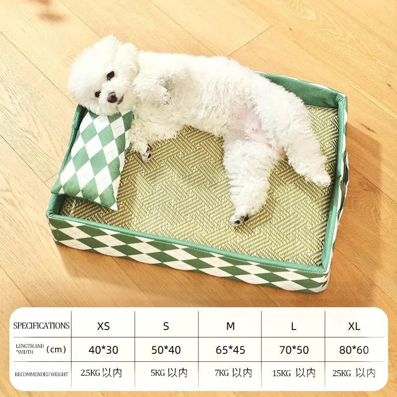 Blue cat litter mat with integrated rattan bed showing 2 cm raised border and removable fabric insert