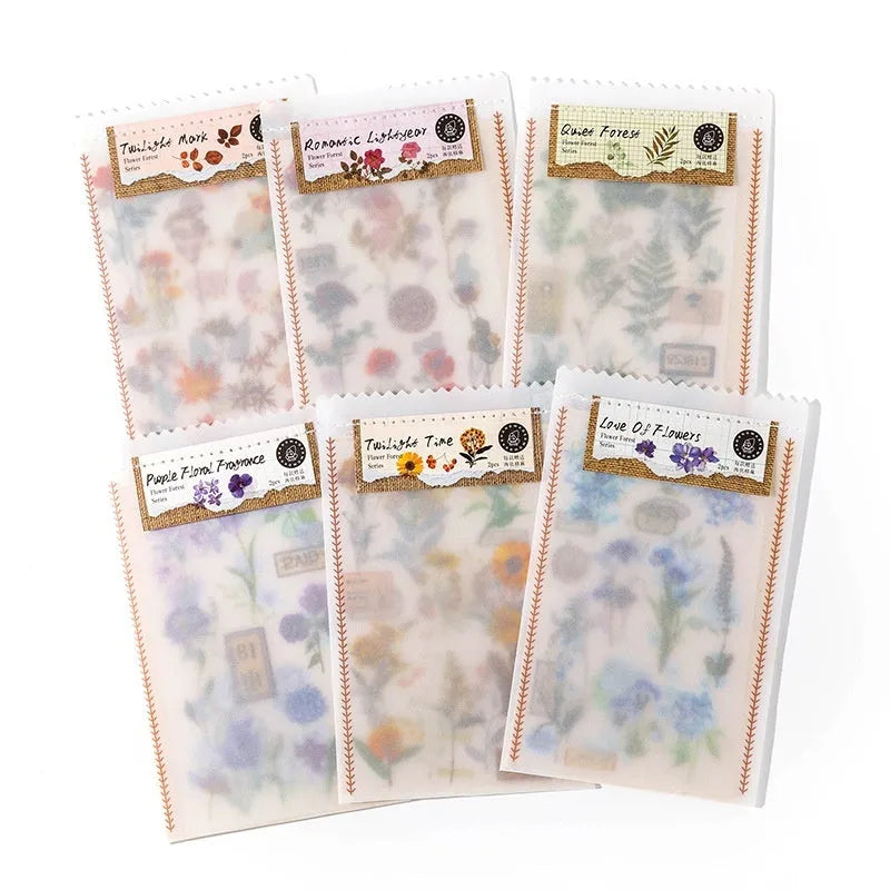 Huazhisen Series forest label sticker pack showing transfer paper and cotton linen sheets in dusk time colour
