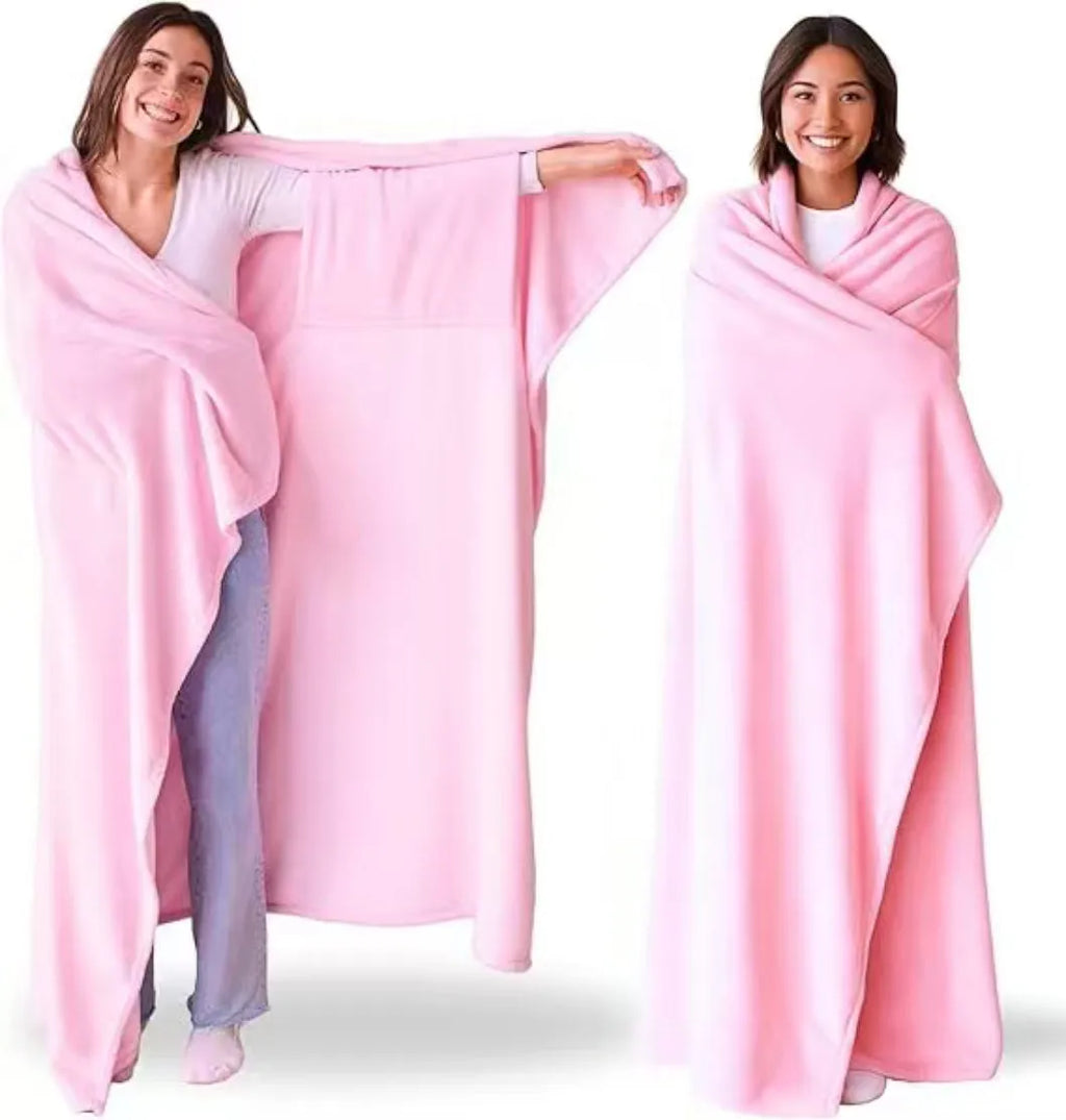 Wearable blanket for women with soft sleeves in light pink, light grey, or blue for home daily use