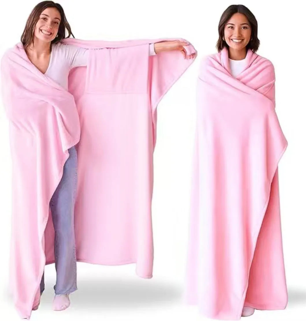 Wearable blanket for women with soft sleeves in light pink, light grey, or blue for home daily use