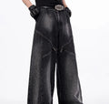 Women's black and grey washed denim wide leg pants with matching vest in Korean style