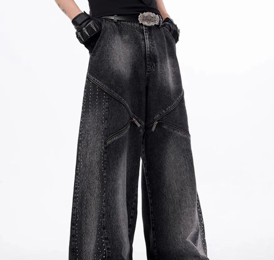 Women's black and grey washed denim wide leg pants with matching vest in Korean style