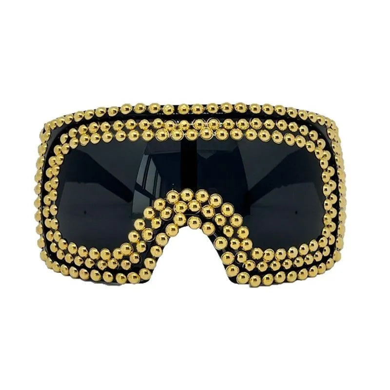 Men's silver punk sunglasses with large square frame and rivet details for UV protection