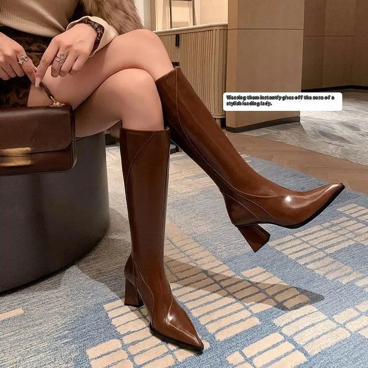 Retro Maillard tube high heel riding boots for women in black, brown, and wine red colours
