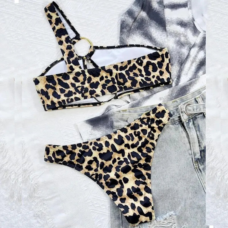 Women's leopard print bikini set with hollow out design and polka dot pattern