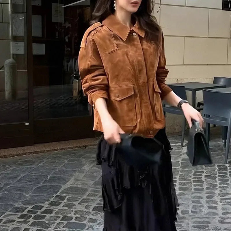Women's suede coat in bright brown with regular sleeves, sizes S to 3XL, made from 100% polyester for street chic style.
