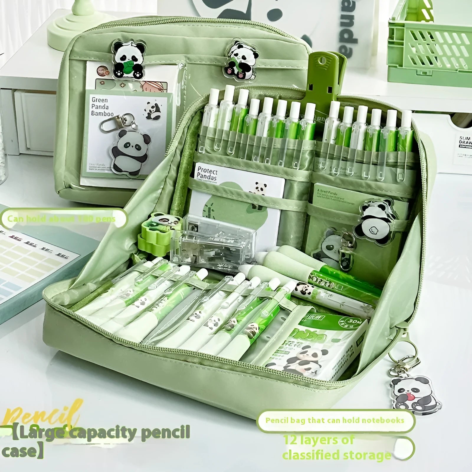 Green 12 layer panda pencil case with Korean style design and canvas construction
