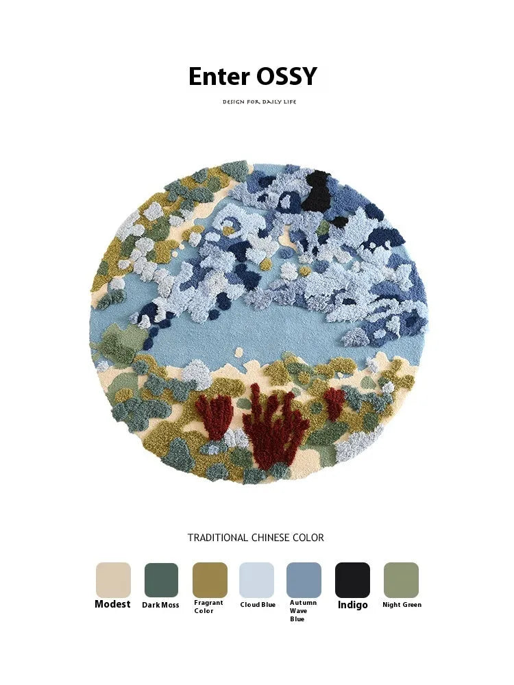 Ocean blue handmade wool round carpet on wooden floor showing tufted texture and circular shape