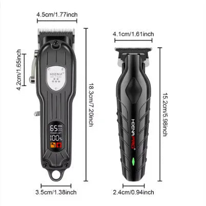 Black professional hair clipper set with foil shaver and USB charging cable on a grey background.