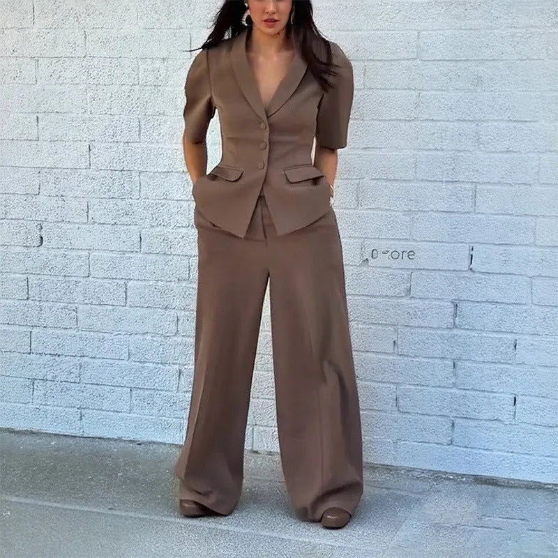 Brown slim-fit suit with trousers, showing top with regular sleeves and tailored waist, available in sizes S to 3XL
