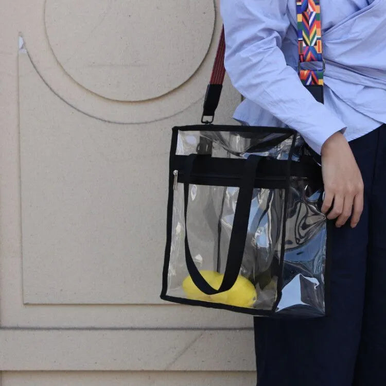 Women's transparent front PVC shoulder messenger bag in navy blue with adjustable straps