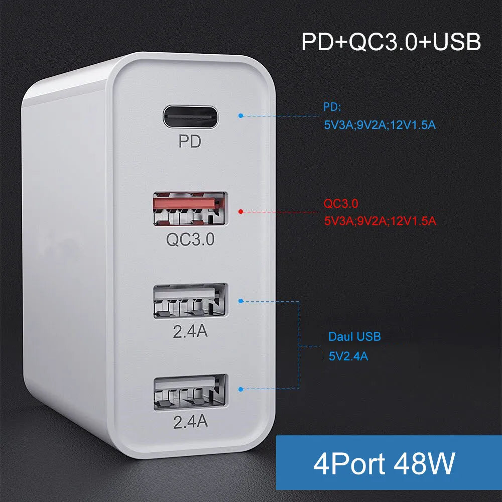 White fast charge charger with multiple USB ports for PD and QC 3.0 mobile phone charging