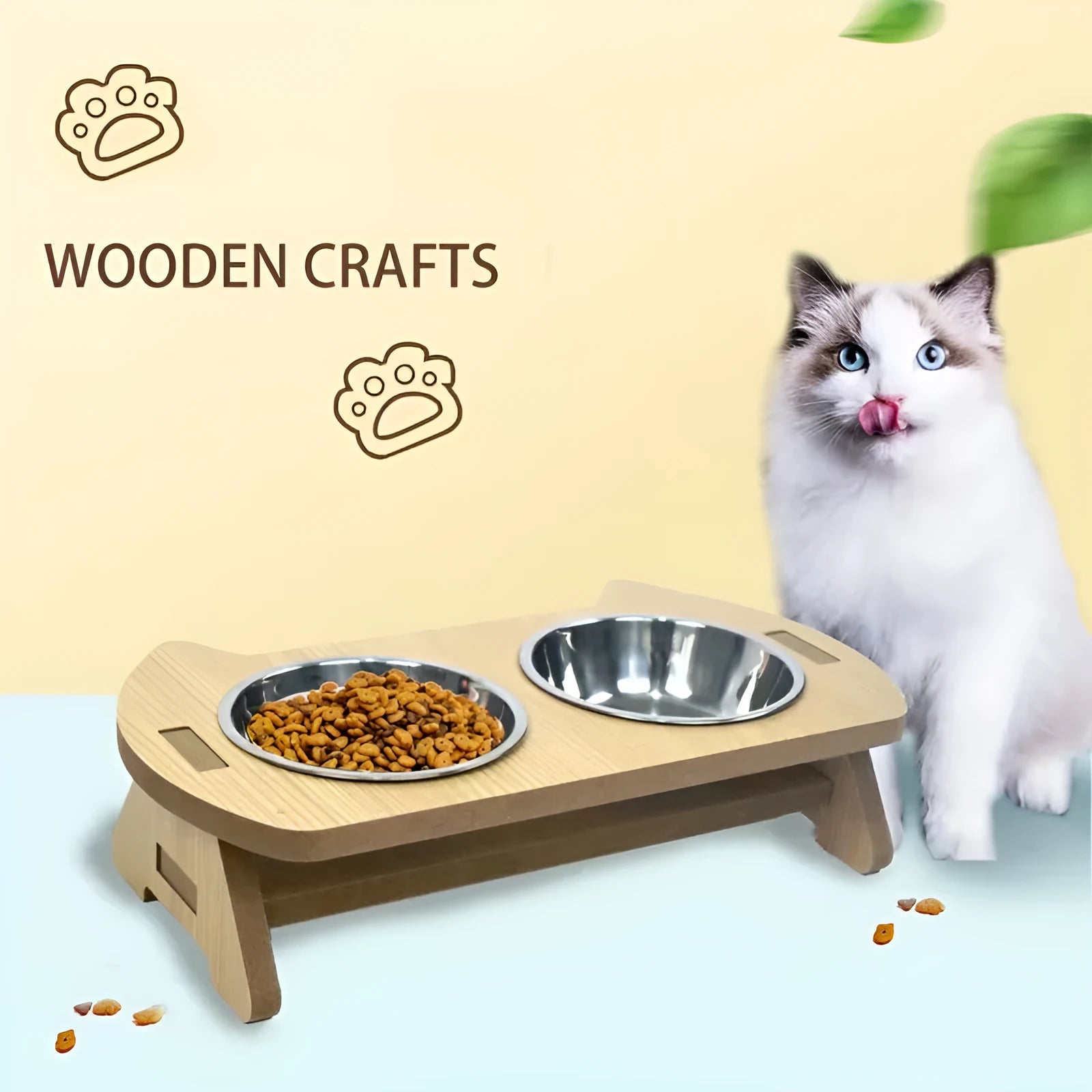 Wooden cat bowl feeder with two stainless steel compartments for food and water