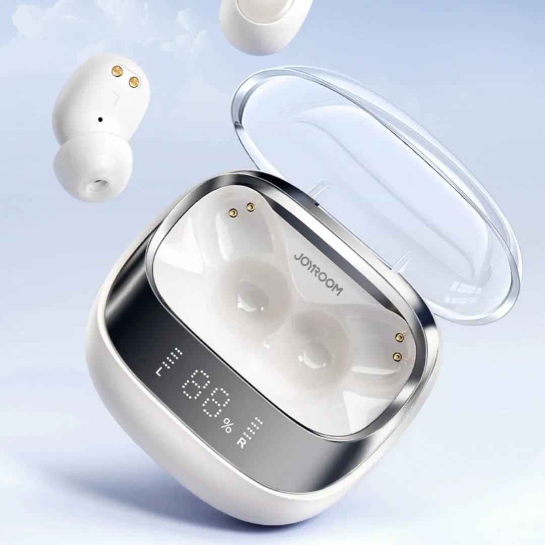 Wireless in-ear Bluetooth headset in charging case with USB cable, showing Dawn White and Starry Sky Black colour options
