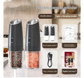 Electric gravity pepper grinder in matte black or silver with adjustable coarseness knob and acrylic bottle