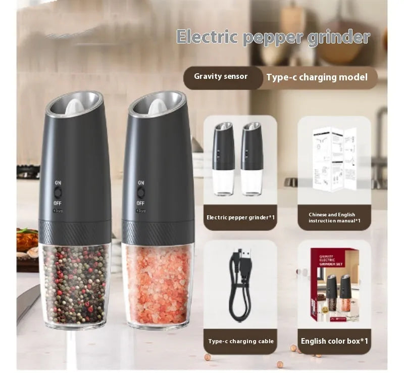 Electric gravity pepper grinder in matte black or silver with adjustable coarseness knob and acrylic bottle