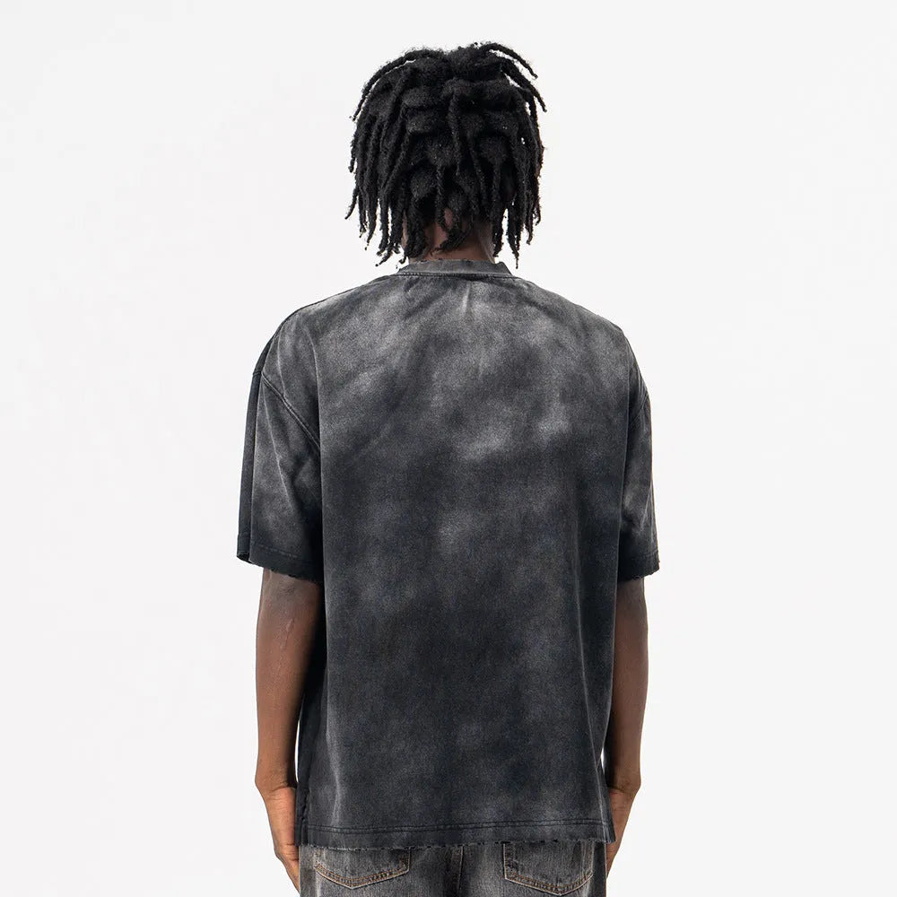 Men's black cotton T-shirt with printed letter pattern and drop-shoulder street fashion design
