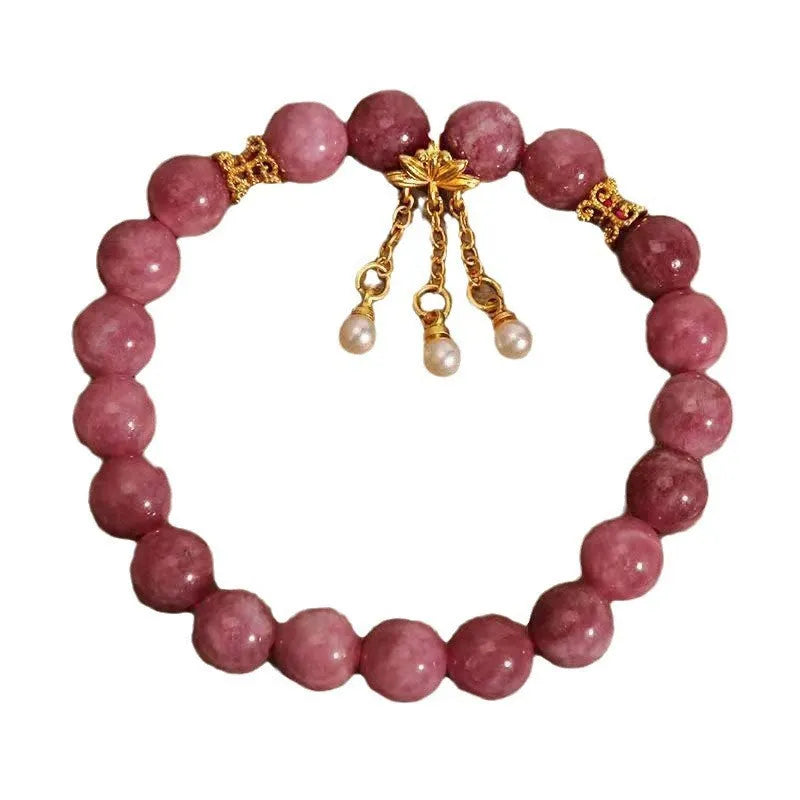 Women's natural stone bracelet with lotus tassel pearl pendant and pink white crystals