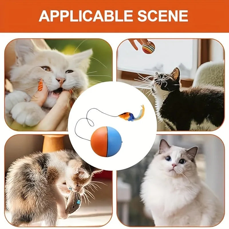 Interactive cat toy with orange rotating ball on grey plush mouse base, showing 8.5cm diameter