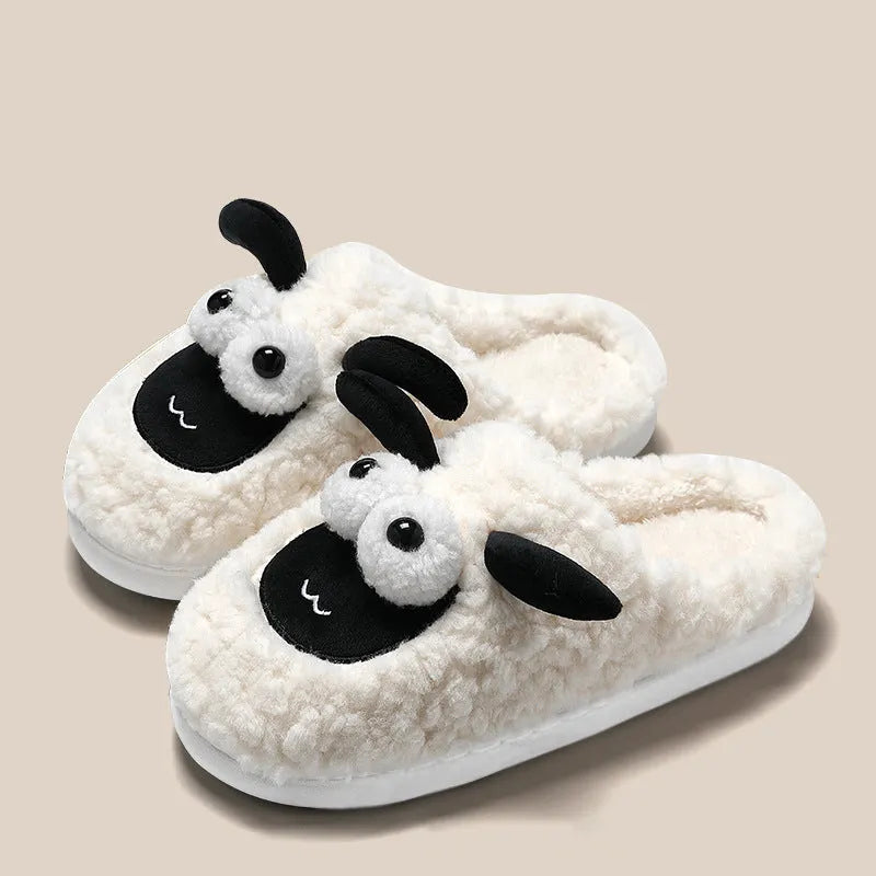 Slip-on slippers with suede upper and PVC sole in white, grey, or brown, showing sewn construction and UK sizes 36-45