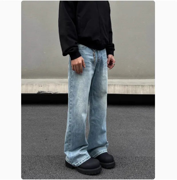 Men's blue straight-leg jeans with whisker wash detailing and a flared leg.