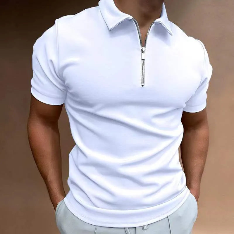 Men's casual digital print polo shirt in a loose fit, shown in one of seven available colours.