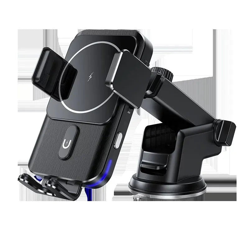 Car wireless charger phone holder with 15W fast charging in black, showing both suction cup and clip mounting options