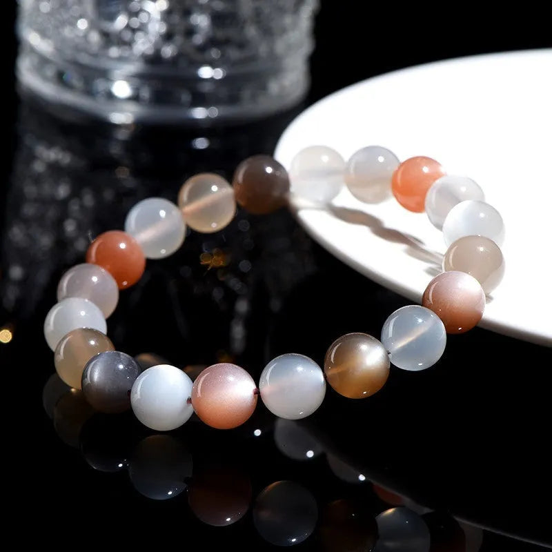 Natural moonstone bracelet with 8mm single circle beads, colourful moon light appearance, unisex design