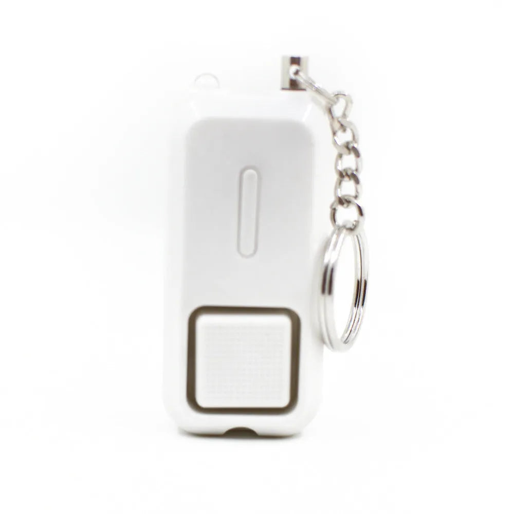 ZQ-202 personal safety alarm in pink, showing compact size of 65mm by 30mm.